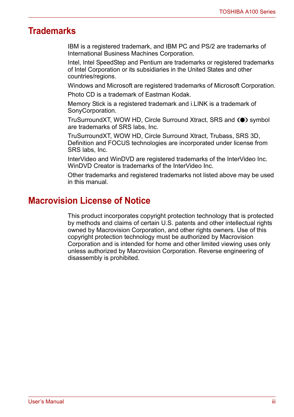 Trademarks, Macrovision license of notice | Toshiba Equium A100 (PSAA4) User Manual | Page 3 / 162