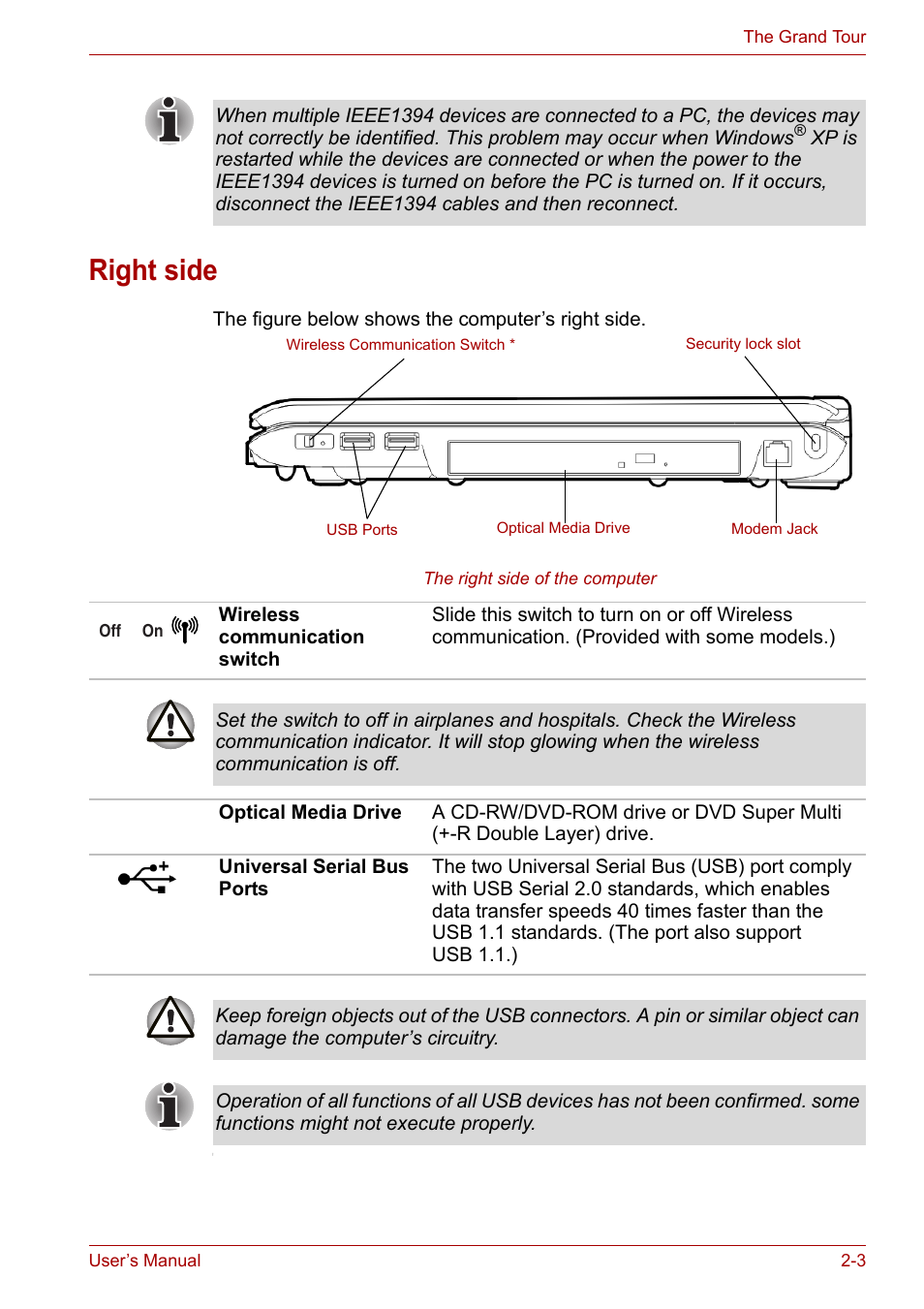 Right side, Right side -3 | Toshiba Equium A100 (PSAA4) User Manual | Page 35 / 162