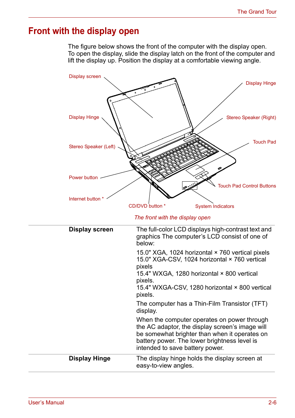 Front with the display open, Front with the display open -6 | Toshiba Equium A100 (PSAA4) User Manual | Page 38 / 162