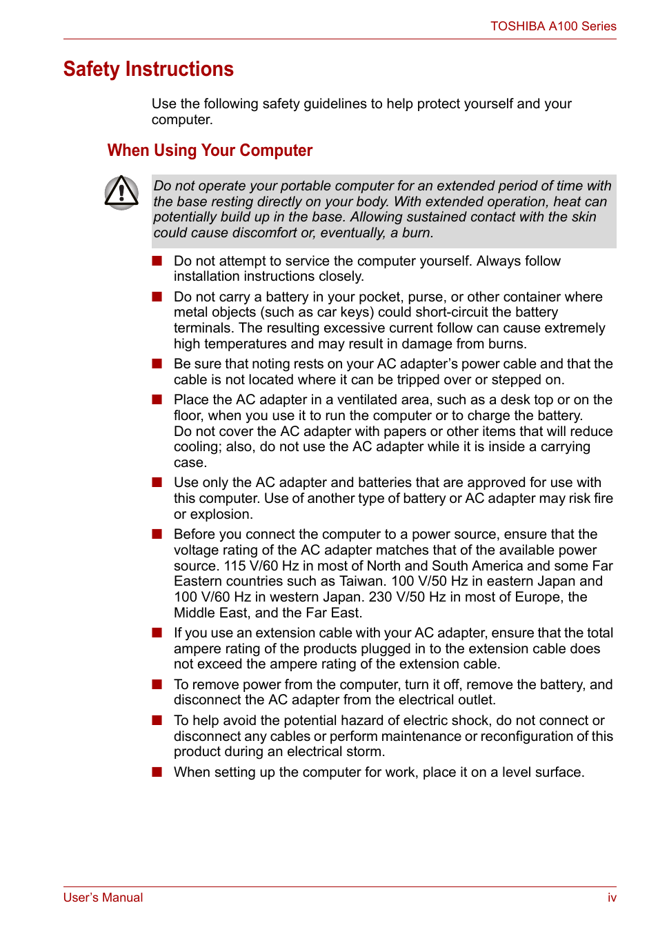 Safety instructions, When using your computer | Toshiba Equium A100 (PSAA4) User Manual | Page 4 / 162