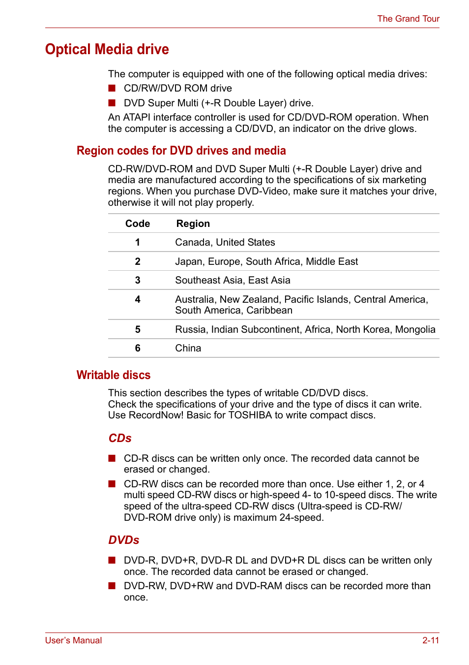 Optical media drive, Optical media drive -11, Region codes for dvd drives and media | Writable discs | Toshiba Equium A100 (PSAA4) User Manual | Page 43 / 162