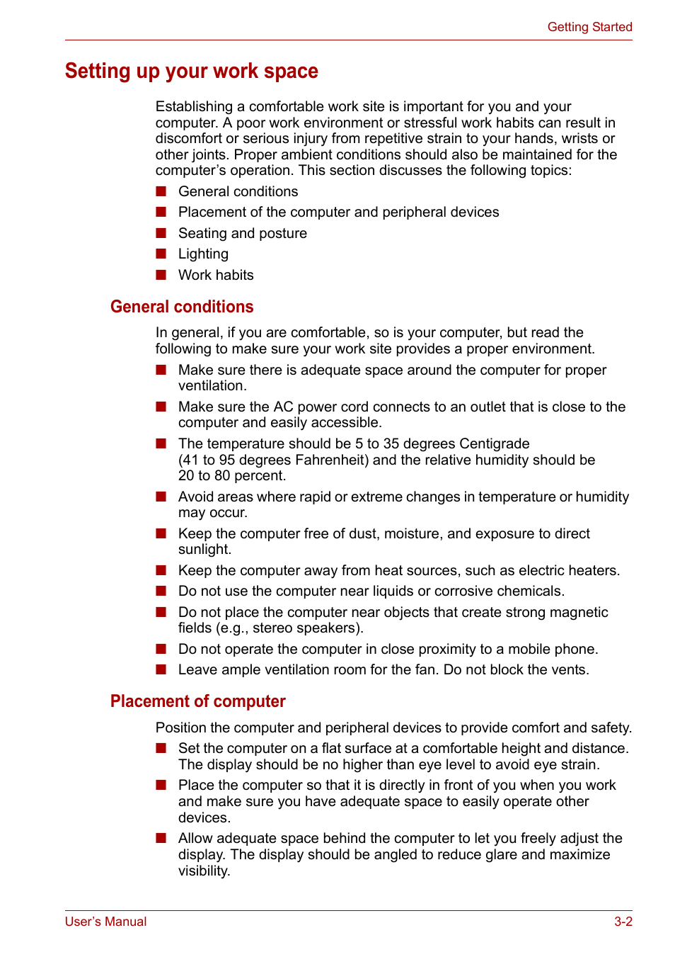 Setting up your work space, Setting up your work space -2, General conditions | Placement of computer | Toshiba Equium A100 (PSAA4) User Manual | Page 48 / 162