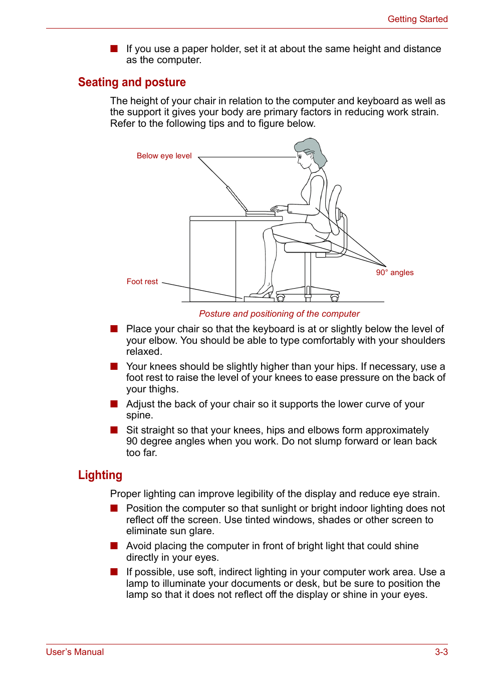 Seating and posture, Lighting | Toshiba Equium A100 (PSAA4) User Manual | Page 49 / 162