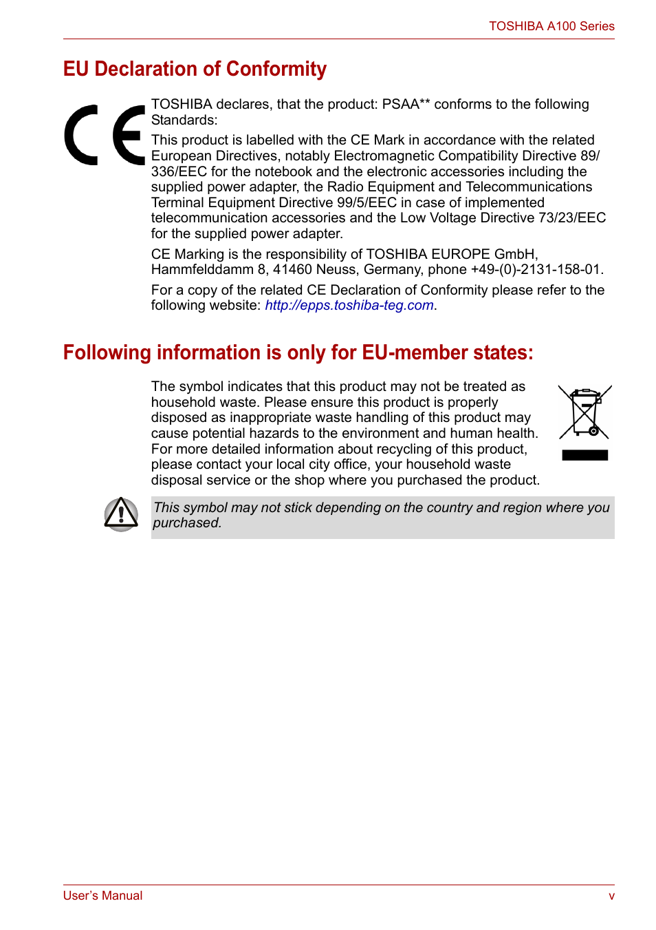 Toshiba Equium A100 (PSAA4) User Manual | Page 5 / 162