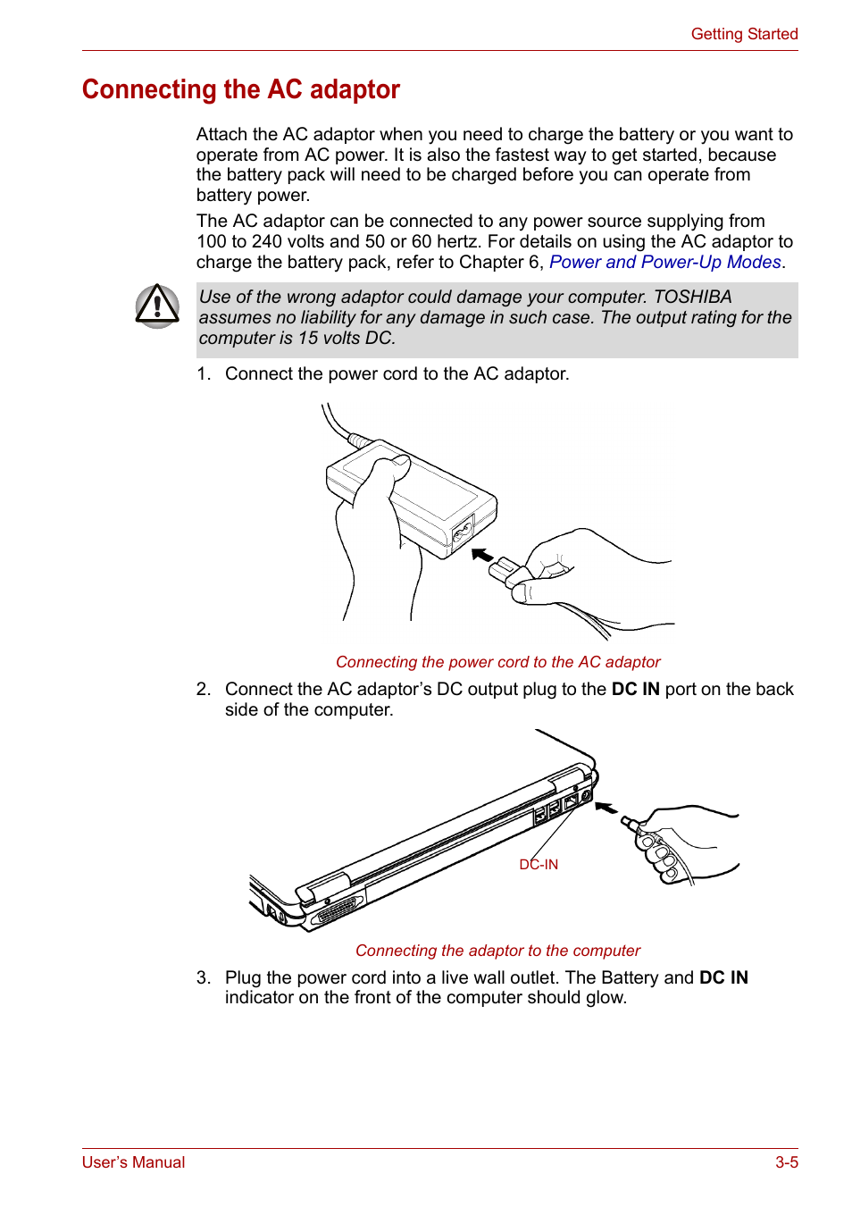 Connecting the ac adaptor, Connecting the ac adaptor -5 | Toshiba Equium A100 (PSAA4) User Manual | Page 51 / 162