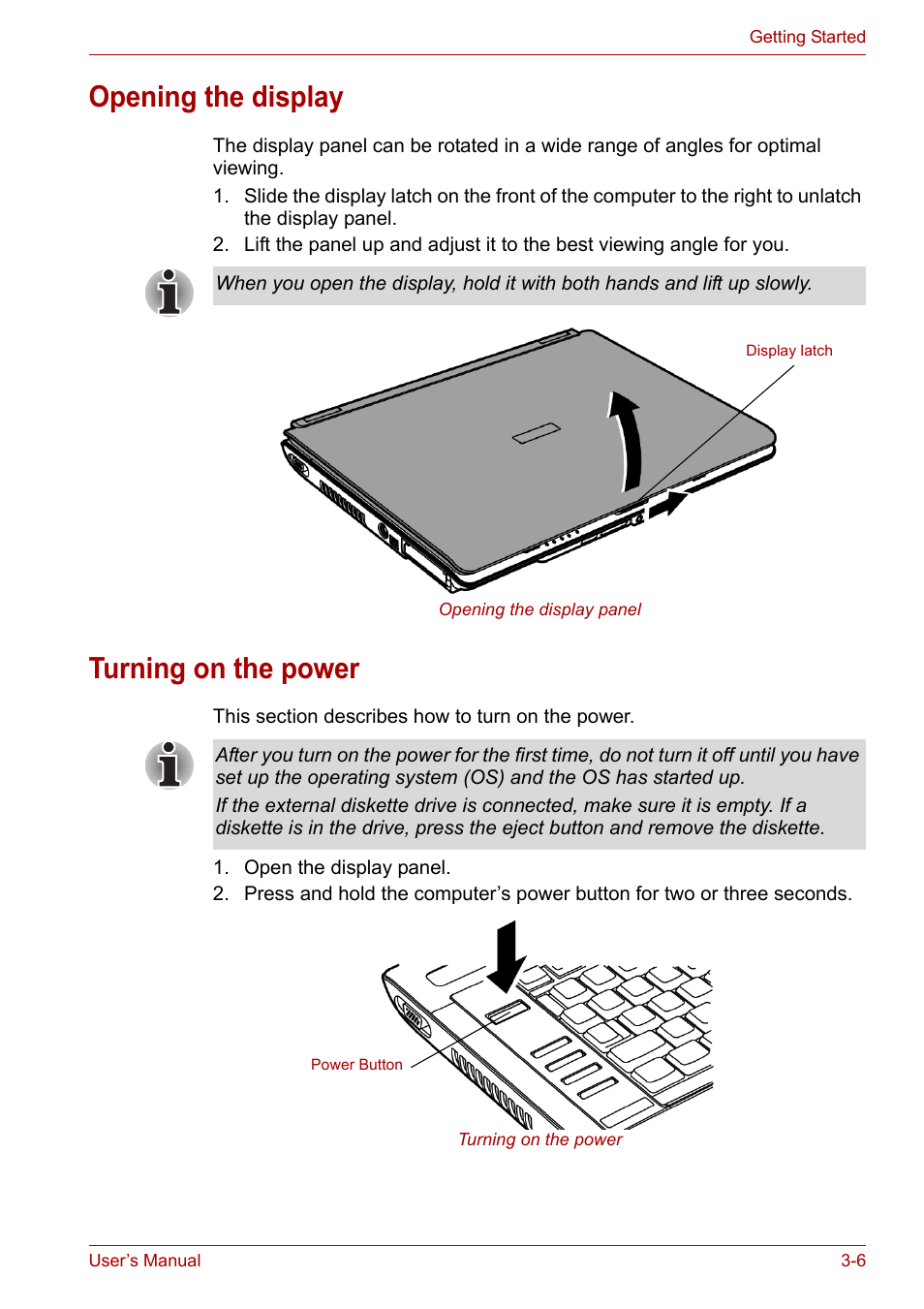 Opening the display, Turning on the power, Opening the display -6 turning on the power -6 | Toshiba Equium A100 (PSAA4) User Manual | Page 52 / 162