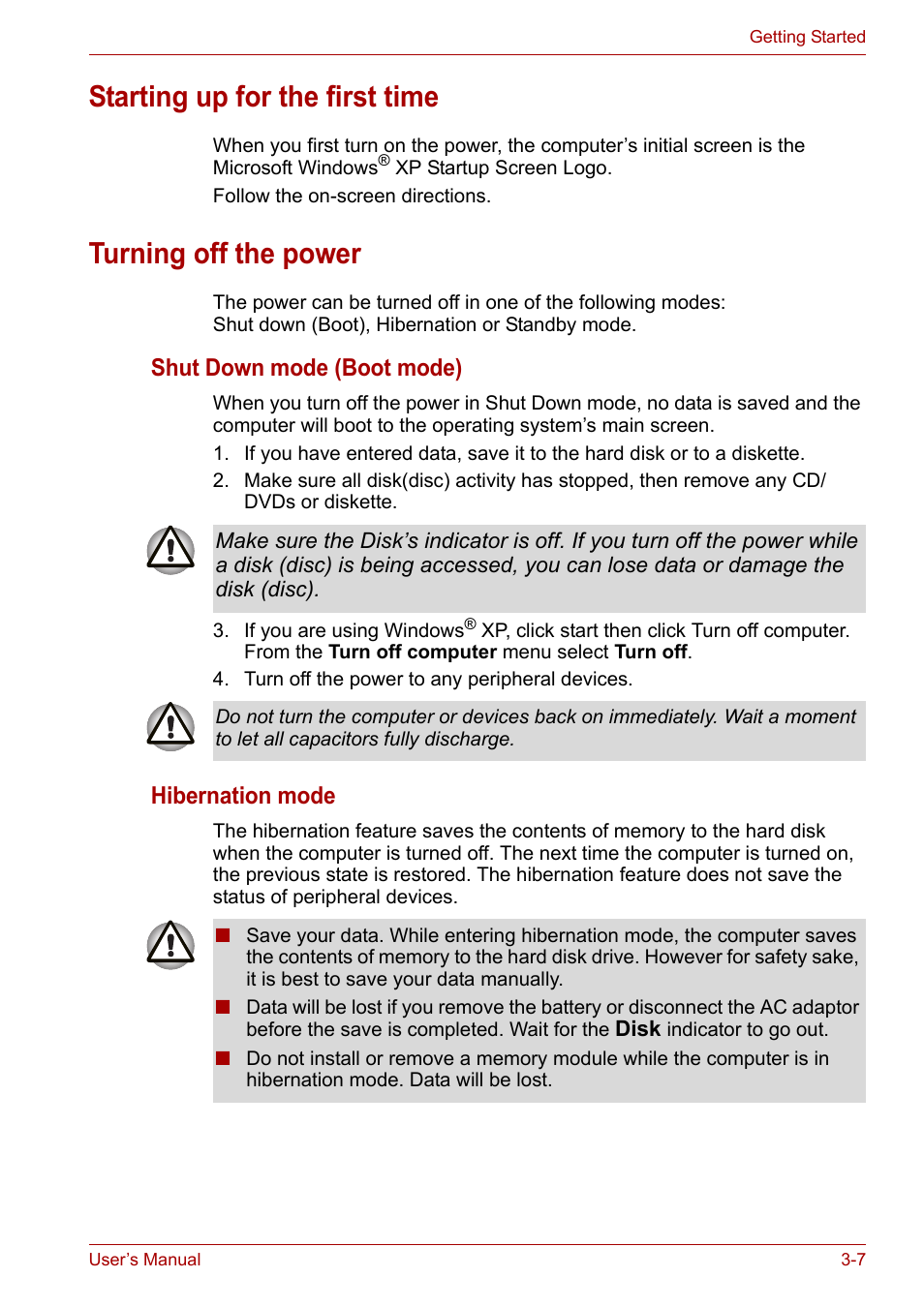 Starting up for the first time, Turning off the power, Shut down mode (boot mode) | Hibernation mode | Toshiba Equium A100 (PSAA4) User Manual | Page 53 / 162