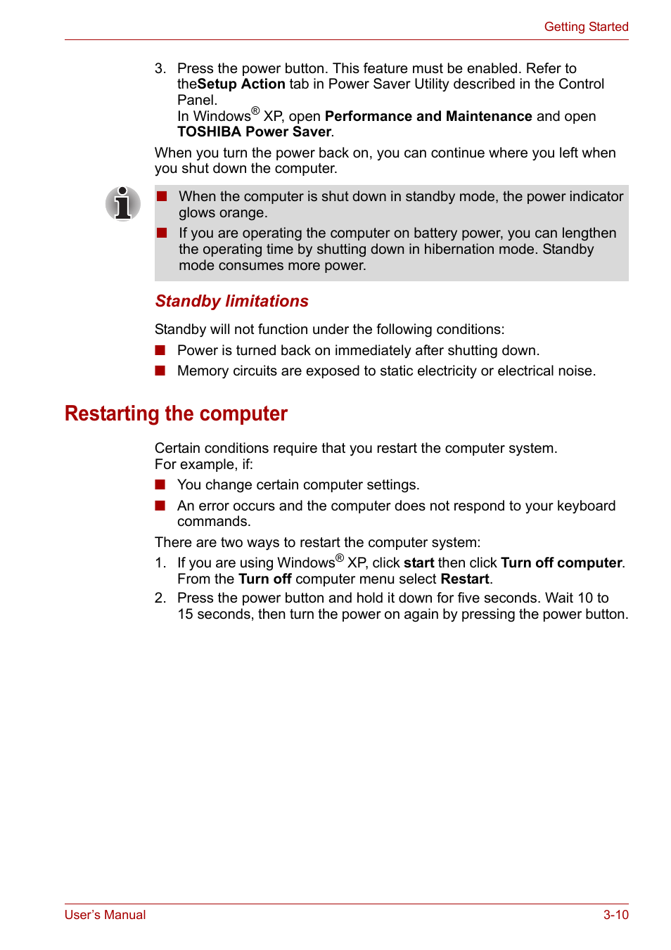 Restarting the computer, Restarting the computer -10 | Toshiba Equium A100 (PSAA4) User Manual | Page 56 / 162