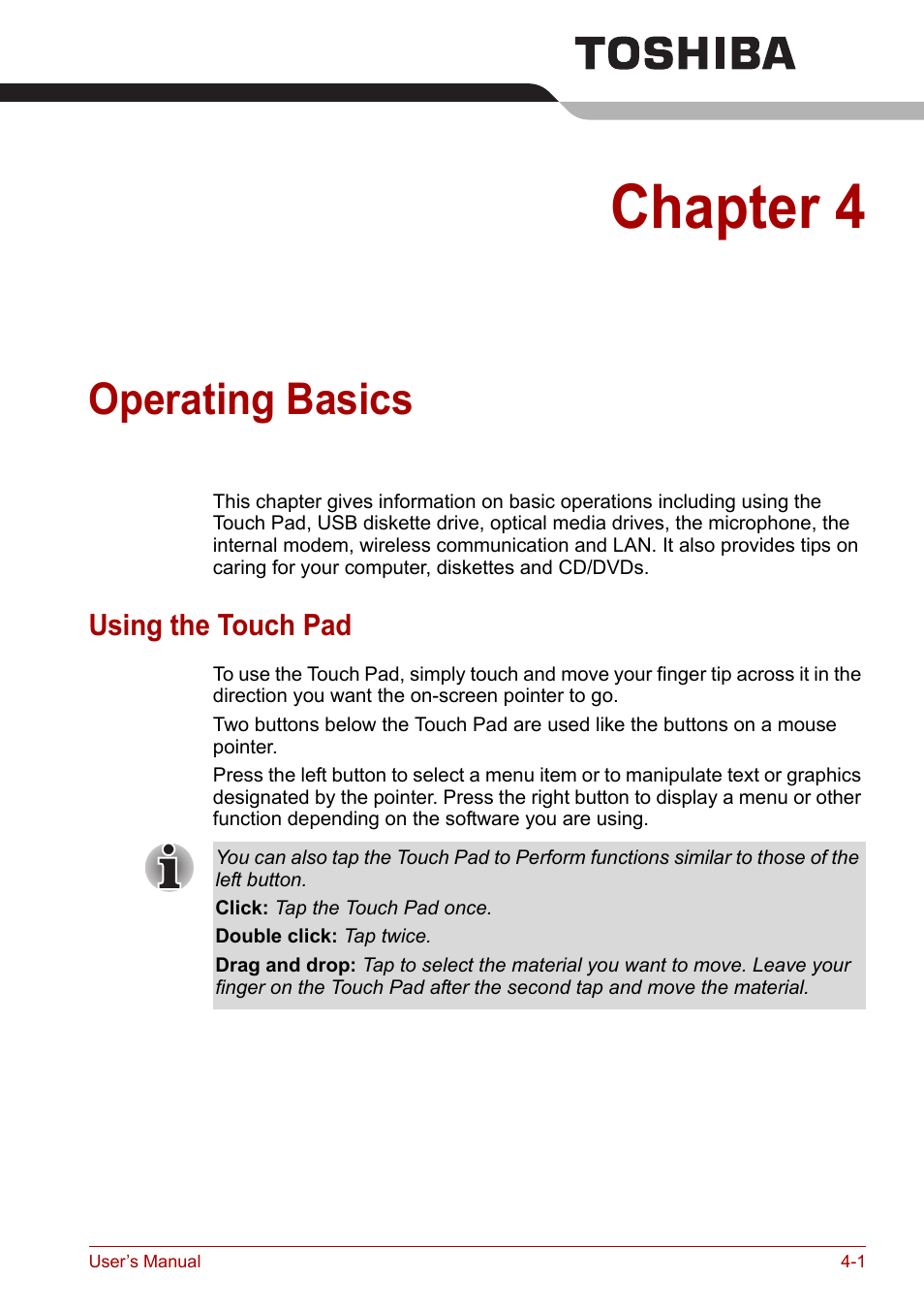 Chapter 4: operating basics, Using the touch pad, Operating basics | Incl, Chapter 4, Using the touch pad -1 | Toshiba Equium A100 (PSAA4) User Manual | Page 58 / 162