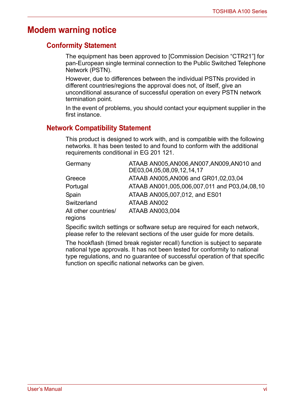 Modem warning notice, Conformity statement, Network compatibility statement | Toshiba Equium A100 (PSAA4) User Manual | Page 6 / 162