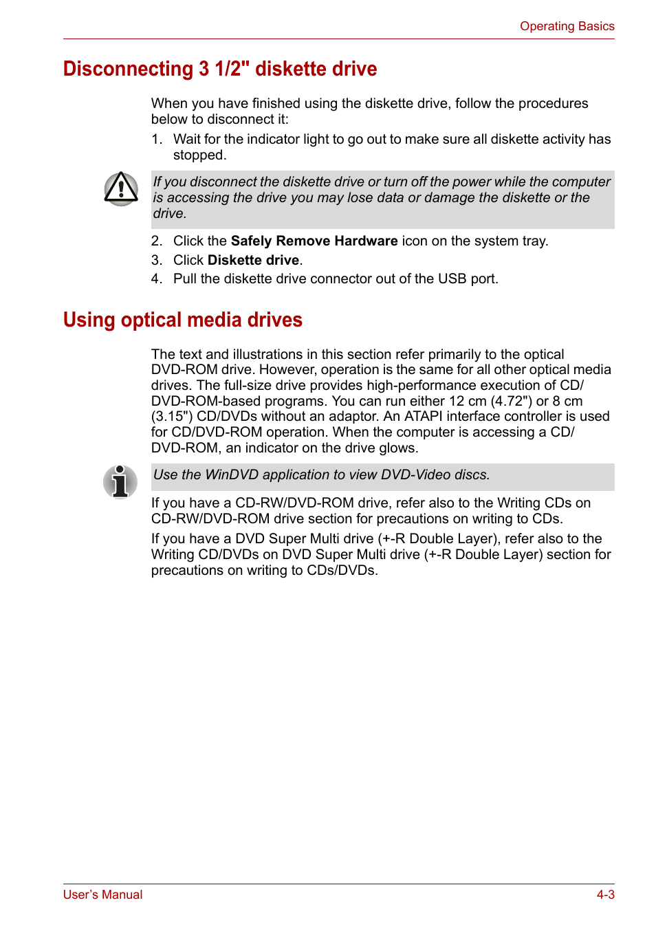 Disconnecting 3 1/2" diskette drive, Using optical media drives | Toshiba Equium A100 (PSAA4) User Manual | Page 60 / 162