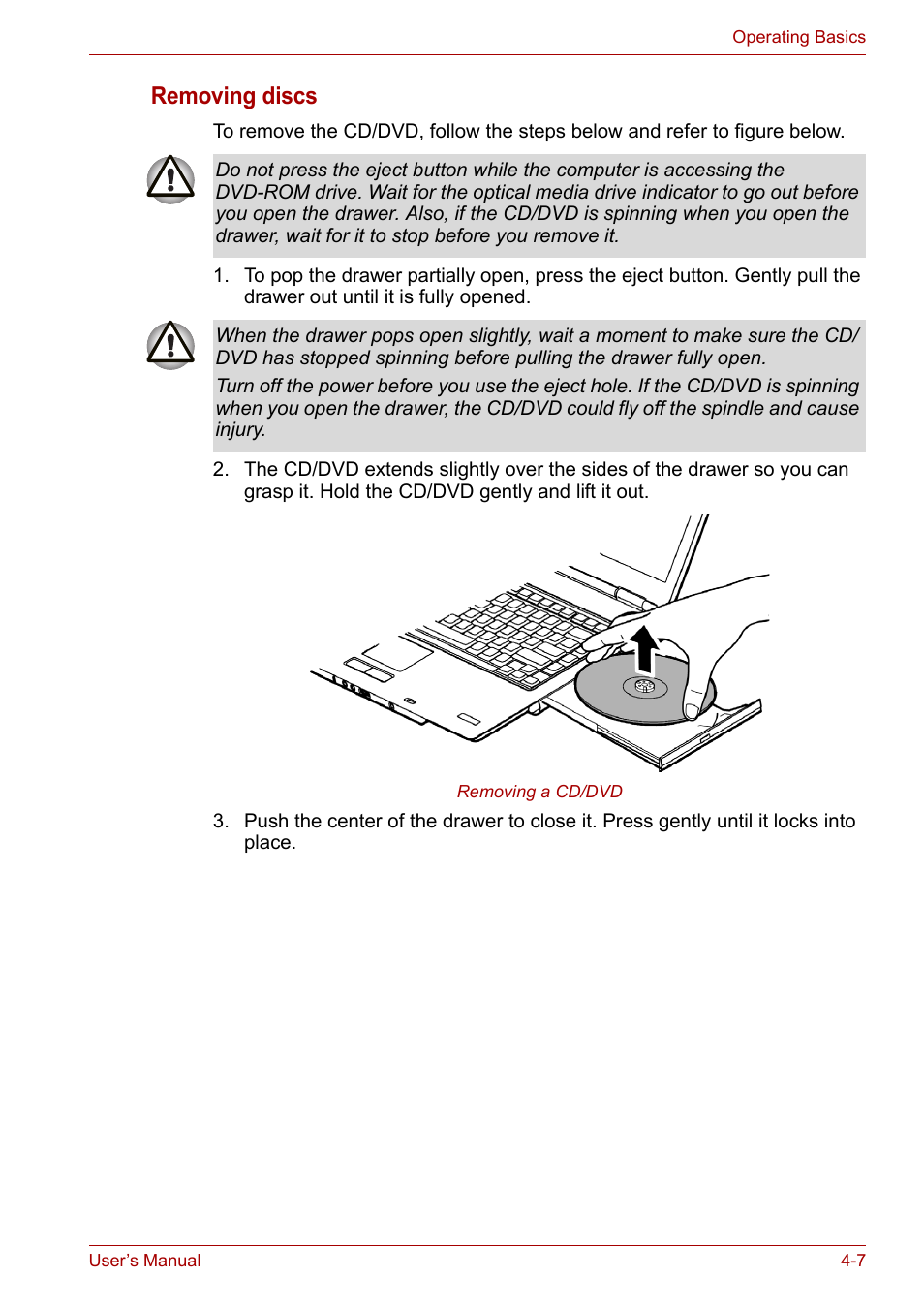 Removing discs | Toshiba Equium A100 (PSAA4) User Manual | Page 64 / 162