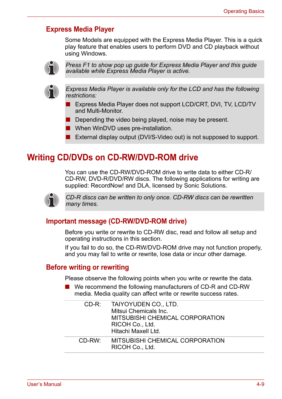 Writing cd/dvds on cd-rw/dvd-rom drive, Writing cd/dvds on cd-rw/dvd-rom drive -9, Express media player | Important message (cd-rw/dvd-rom drive), Before writing or rewriting | Toshiba Equium A100 (PSAA4) User Manual | Page 66 / 162
