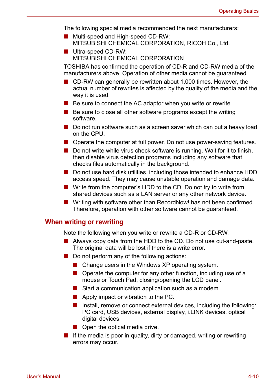 When writing or rewriting | Toshiba Equium A100 (PSAA4) User Manual | Page 67 / 162