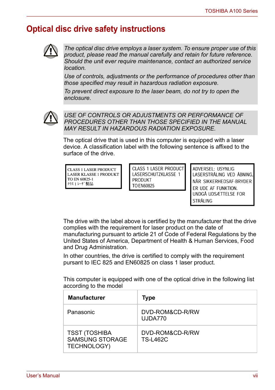 Optical disc drive safety instructions | Toshiba Equium A100 (PSAA4) User Manual | Page 7 / 162