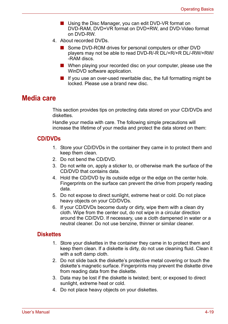 Media care, Media care -19, Cd/dvds | Diskettes | Toshiba Equium A100 (PSAA4) User Manual | Page 76 / 162