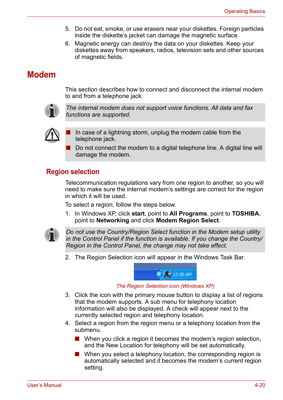 Modem, Modem -20, Region selection | Toshiba Equium A100 (PSAA4) User Manual | Page 77 / 162