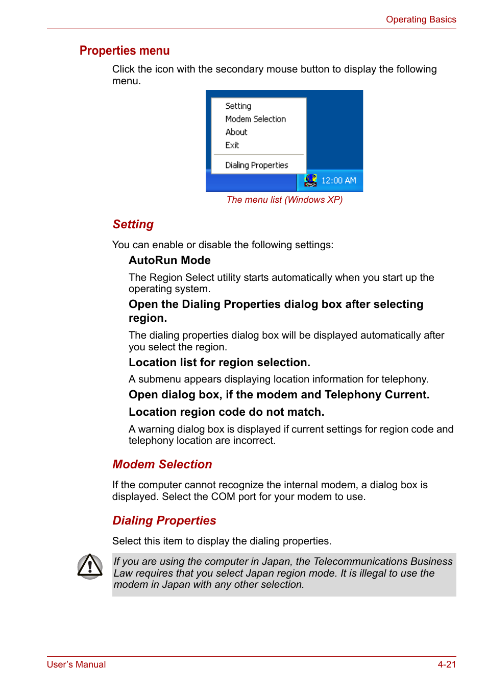 Properties menu | Toshiba Equium A100 (PSAA4) User Manual | Page 78 / 162