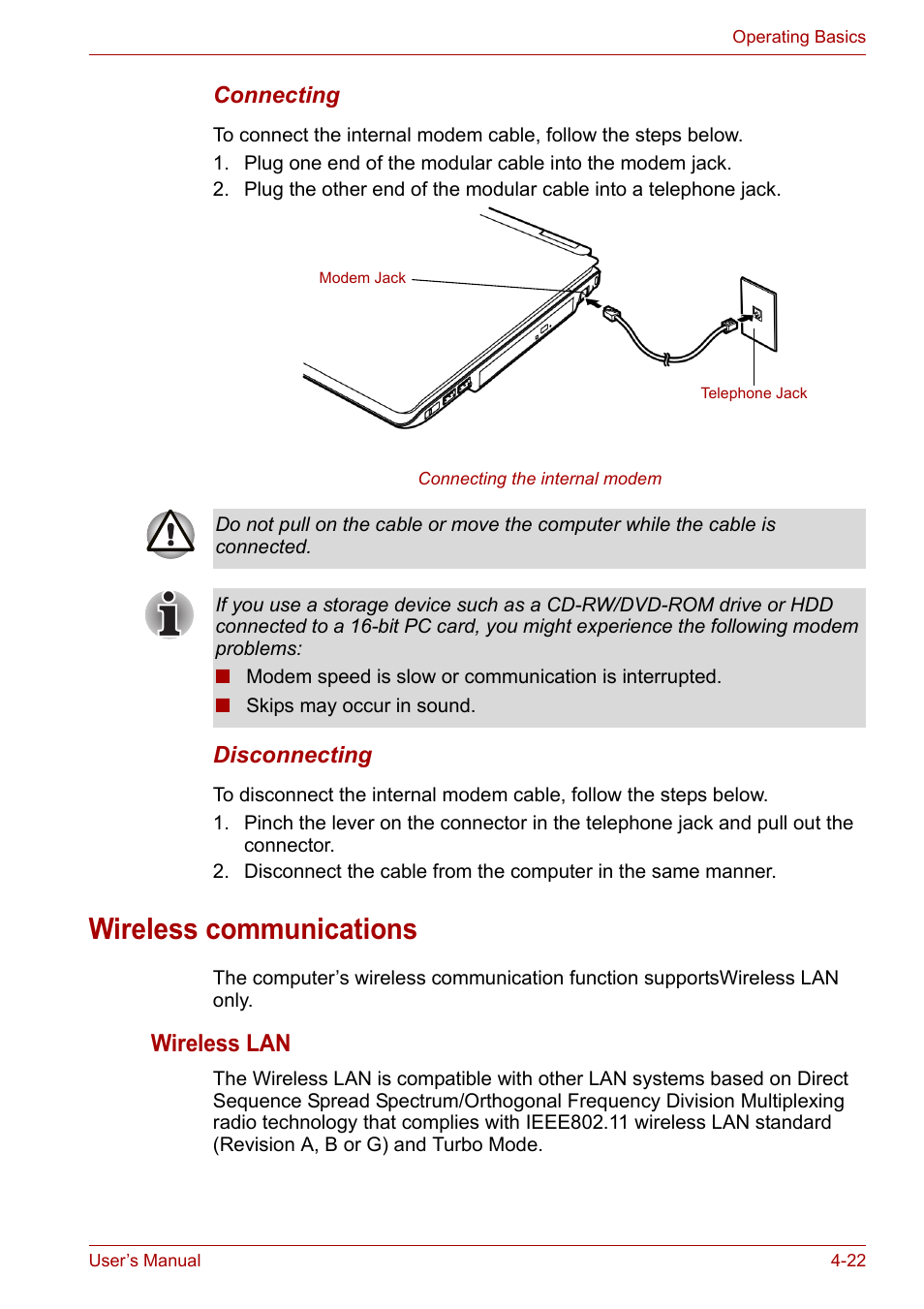 Wireless communications, Wireless communications -22, Wireless lan | Toshiba Equium A100 (PSAA4) User Manual | Page 79 / 162