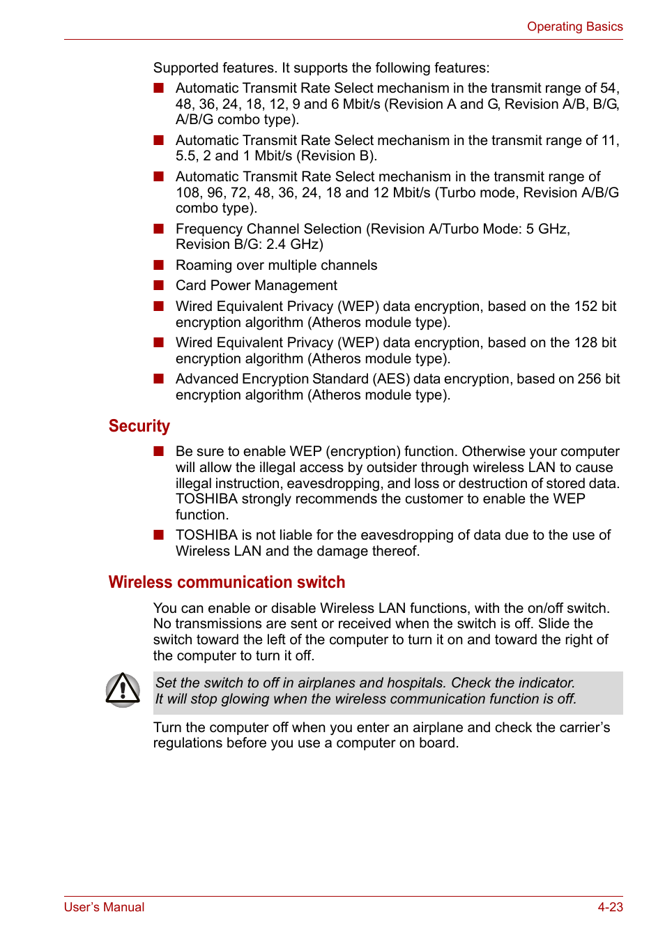 Security, Wireless communication switch | Toshiba Equium A100 (PSAA4) User Manual | Page 80 / 162