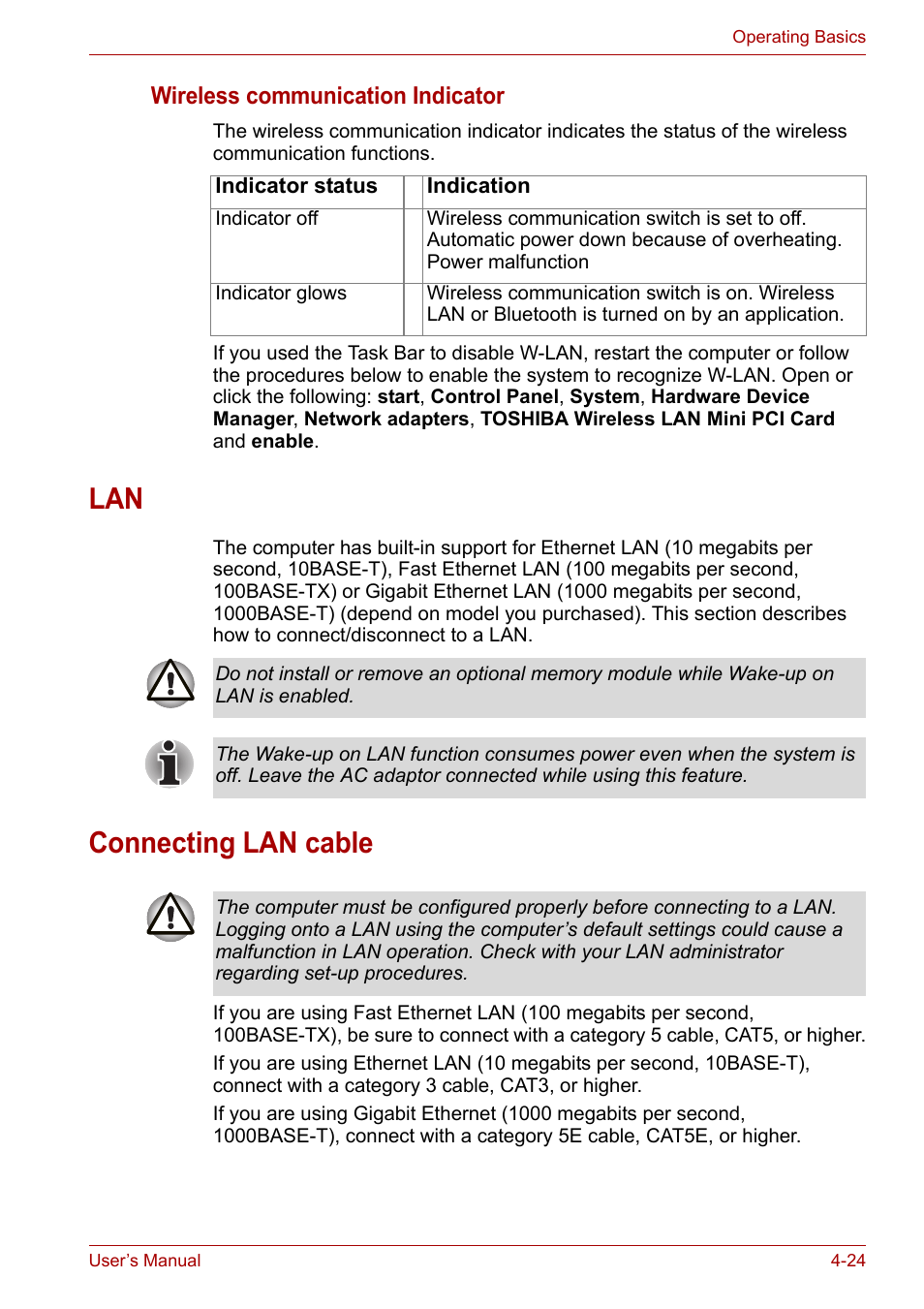 Connecting lan cable, Lan -24 connecting lan cable -24 | Toshiba Equium A100 (PSAA4) User Manual | Page 81 / 162