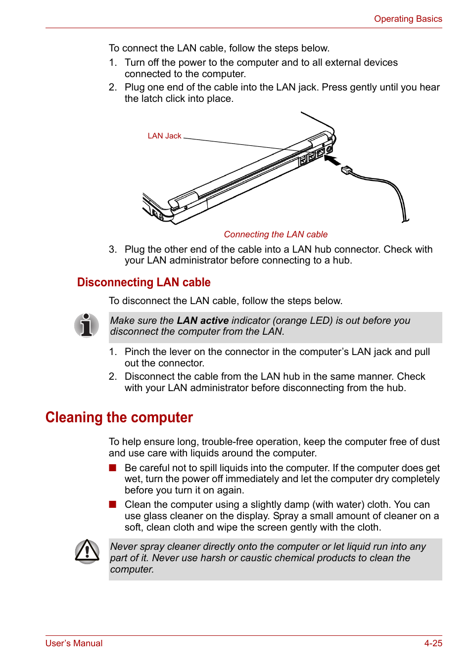 Cleaning the computer, Cleaning the computer -25, Disconnecting lan cable | Toshiba Equium A100 (PSAA4) User Manual | Page 82 / 162
