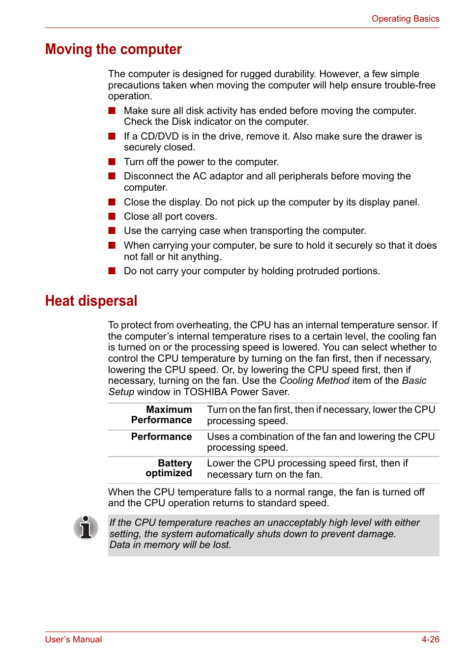 Moving the computer, Heat dispersal, Moving the computer -26 heat dispersal -26 | Toshiba Equium A100 (PSAA4) User Manual | Page 83 / 162