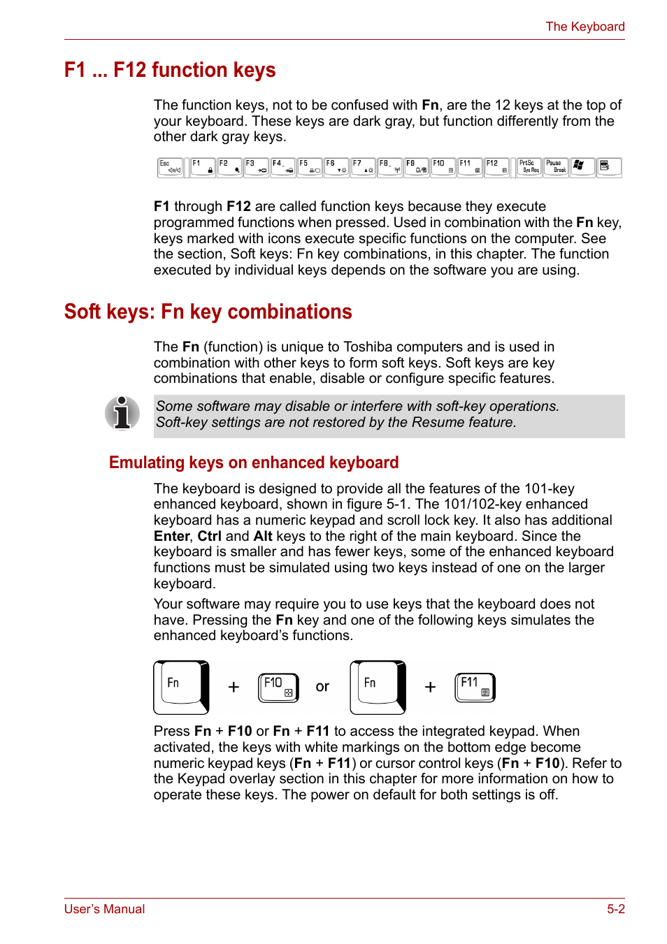 F1 ... f12 function keys, Soft keys: fn key combinations, Emulating keys on enhanced keyboard | Toshiba Equium A100 (PSAA4) User Manual | Page 85 / 162