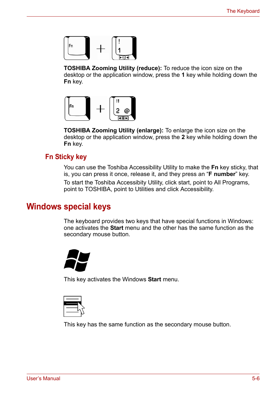 Windows special keys, Windows special keys -6, Fn sticky key | Toshiba Equium A100 (PSAA4) User Manual | Page 89 / 162