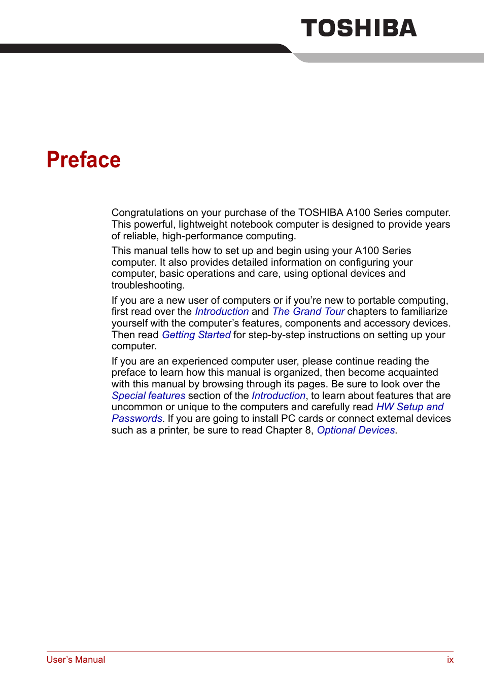 Preface | Toshiba Equium A100 (PSAA4) User Manual | Page 9 / 162