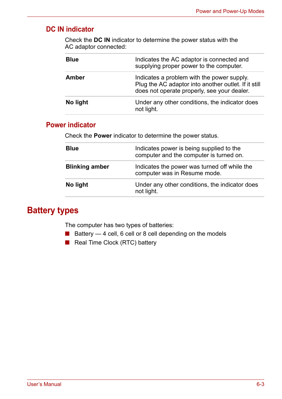 Battery types, Battery types -3, Dc in indicator | Power indicator | Toshiba Equium A100 (PSAA4) User Manual | Page 94 / 162