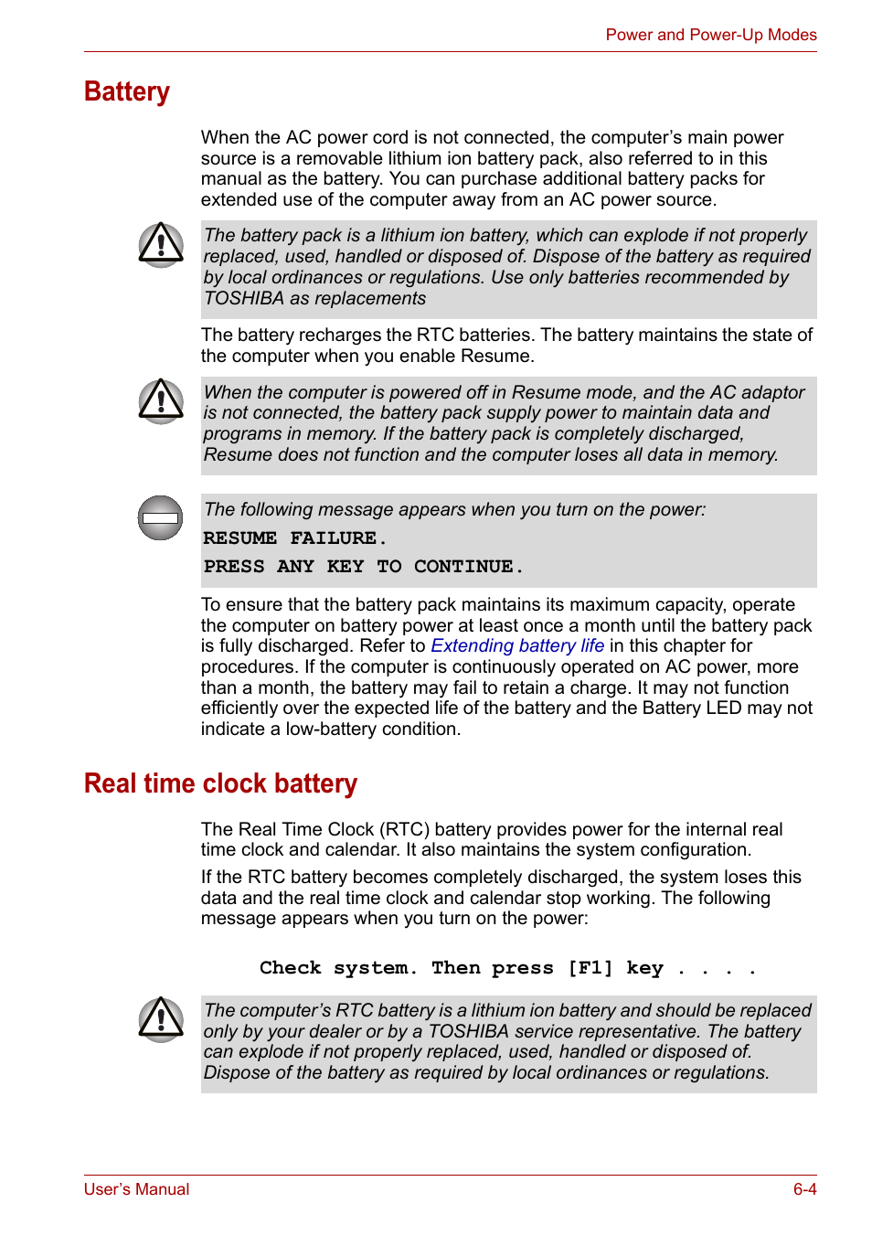 Battery, Real time clock battery, Battery -4 real time clock battery -4 | Toshiba Equium A100 (PSAA4) User Manual | Page 95 / 162