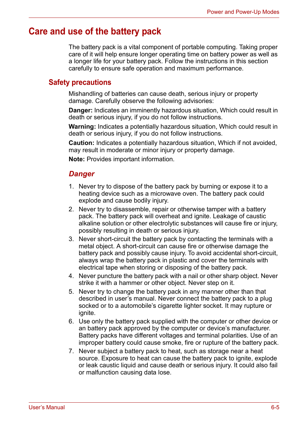 Care and use of the battery pack, Care and use of the battery pack -5, Safety precautions | Toshiba Equium A100 (PSAA4) User Manual | Page 96 / 162