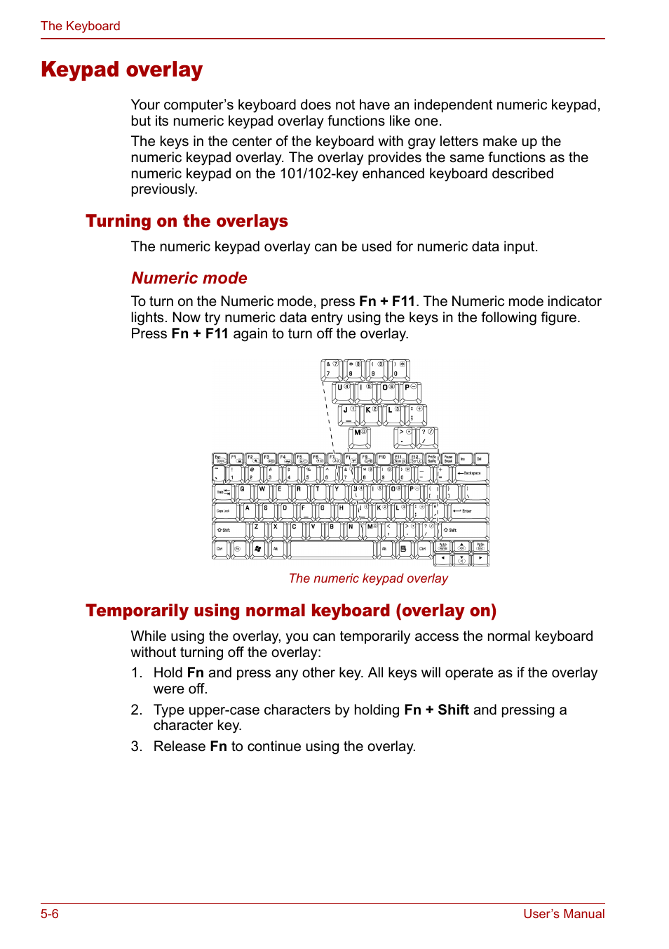 Keypad overlay, Keypad overlay -6, Section | Toshiba Equium L20 User Manual | Page 100 / 178