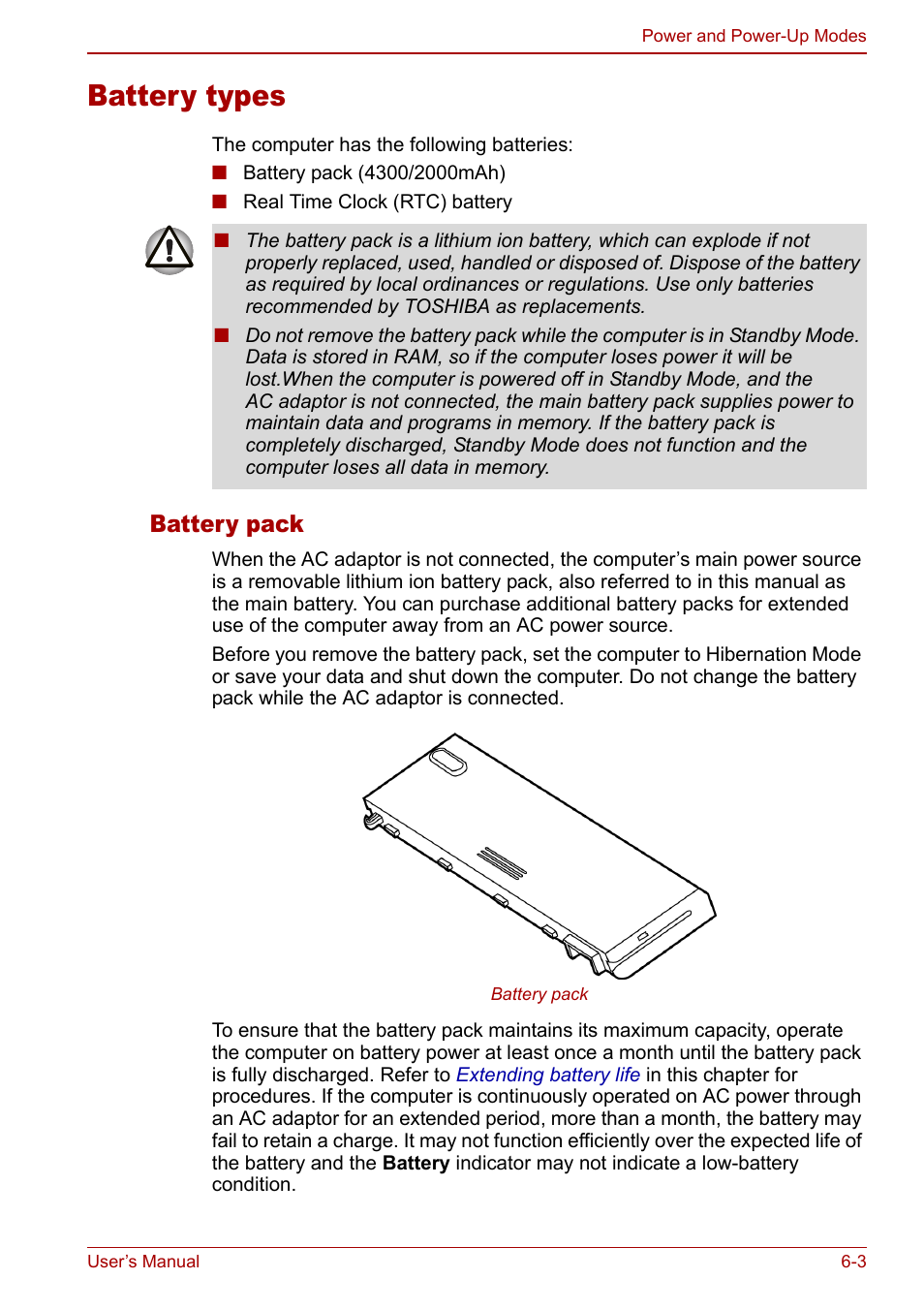 Battery types, Battery types -3, Battery pack | Toshiba Equium L20 User Manual | Page 105 / 178