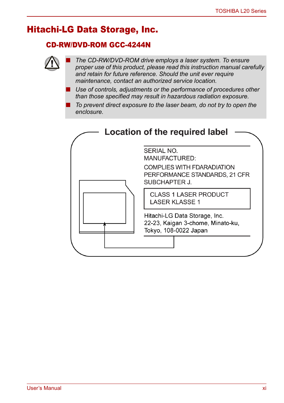 Hitachi-lg data storage, inc, Cd-rw/dvd-rom gcc-4244n | Toshiba Equium L20 User Manual | Page 11 / 178