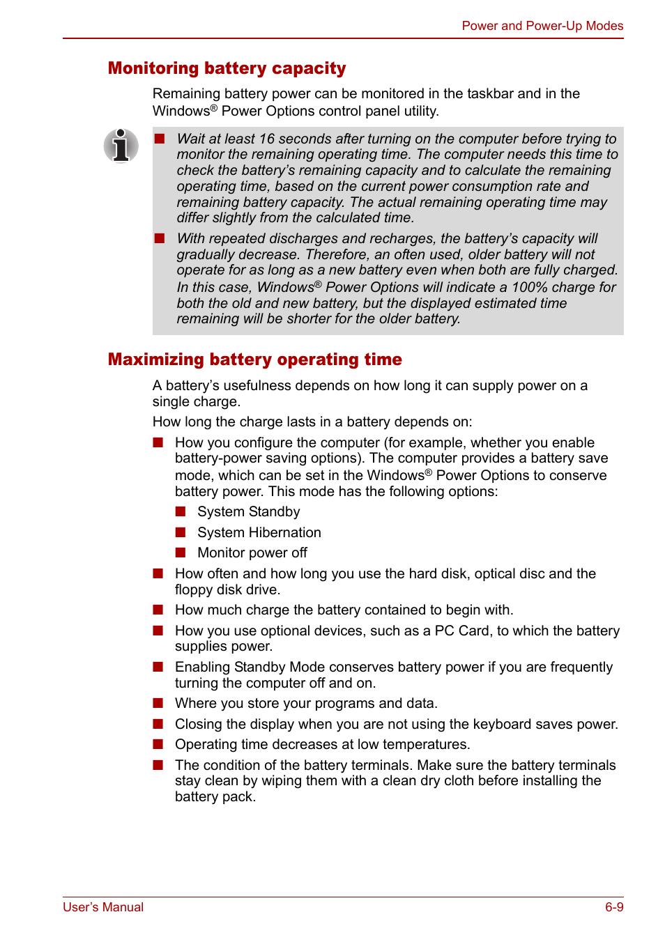 Monitoring battery capacity, Maximizing battery operating time | Toshiba Equium L20 User Manual | Page 111 / 178