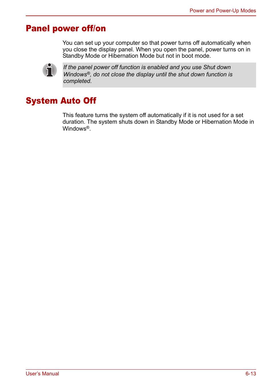 Panel power off/on, System auto off, Panel power off/on -13 system auto off -13 | Toshiba Equium L20 User Manual | Page 115 / 178