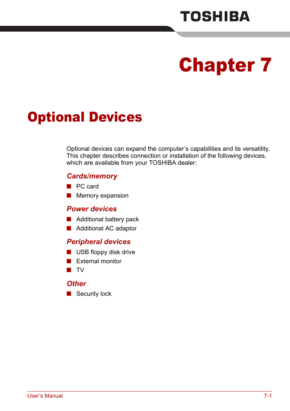 Chapter 7 - optional devices, Chapter 7, Optional devices | Toshiba Equium L20 User Manual | Page 117 / 178