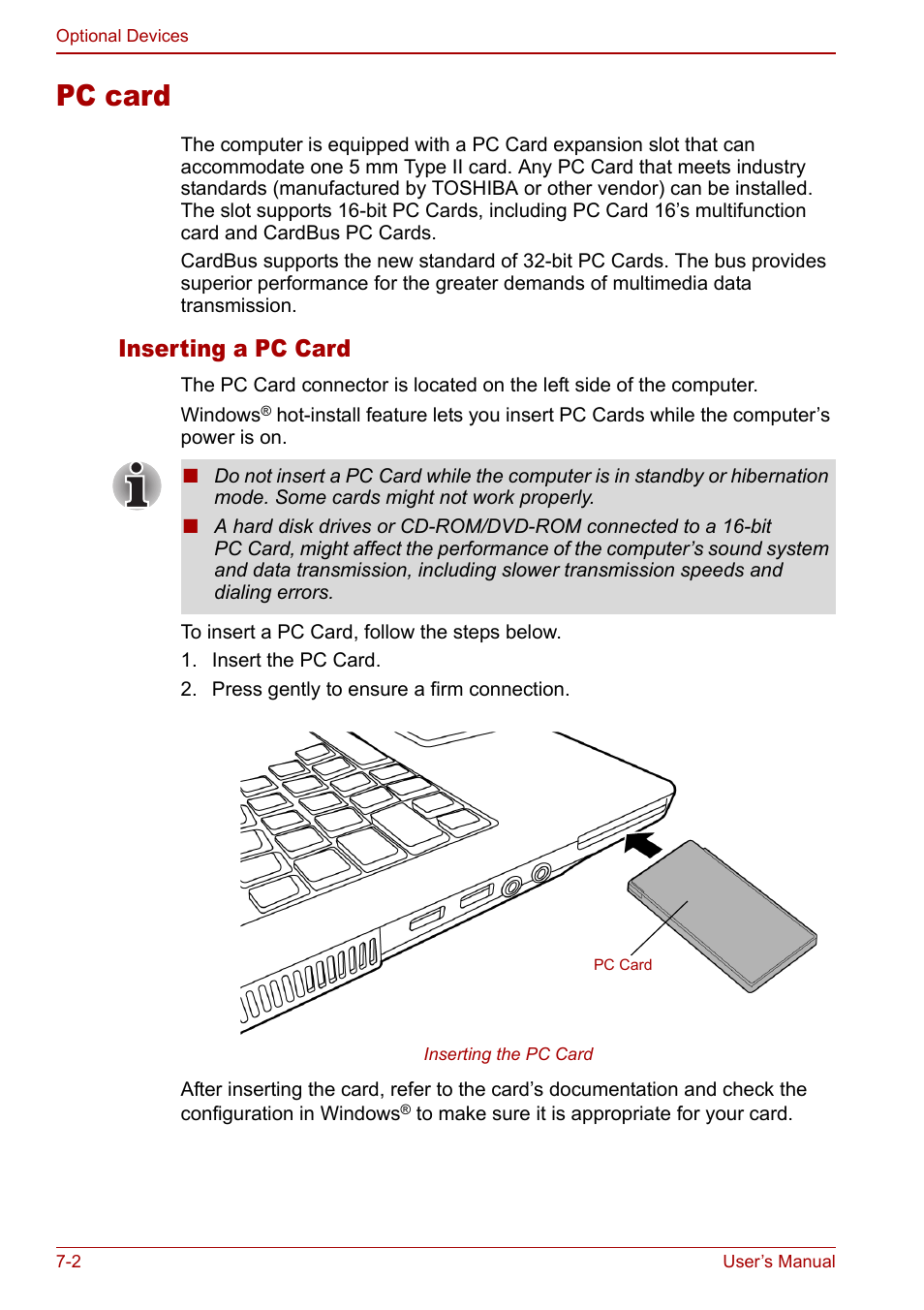 Pc card, Pc card -2, Inserting a pc card | Toshiba Equium L20 User Manual | Page 118 / 178