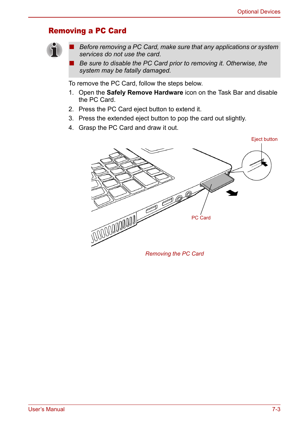 Removing a pc card | Toshiba Equium L20 User Manual | Page 119 / 178