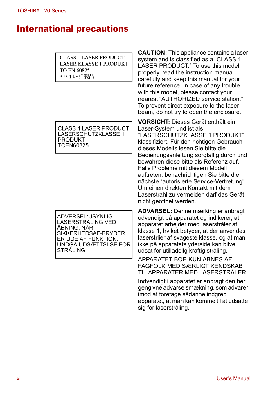 International precautions | Toshiba Equium L20 User Manual | Page 12 / 178