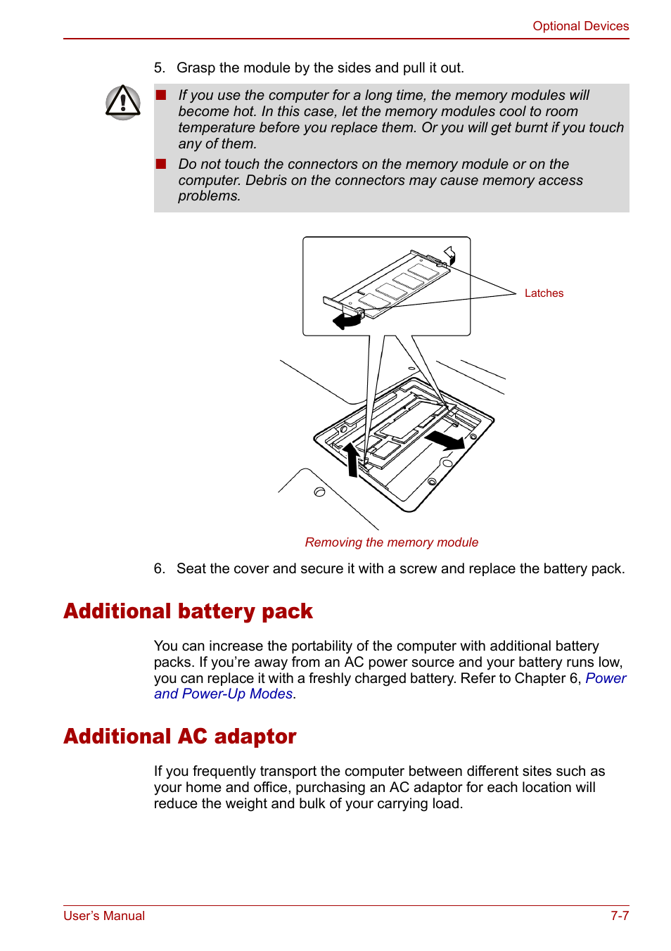 Additional battery pack, Additional ac adaptor | Toshiba Equium L20 User Manual | Page 123 / 178