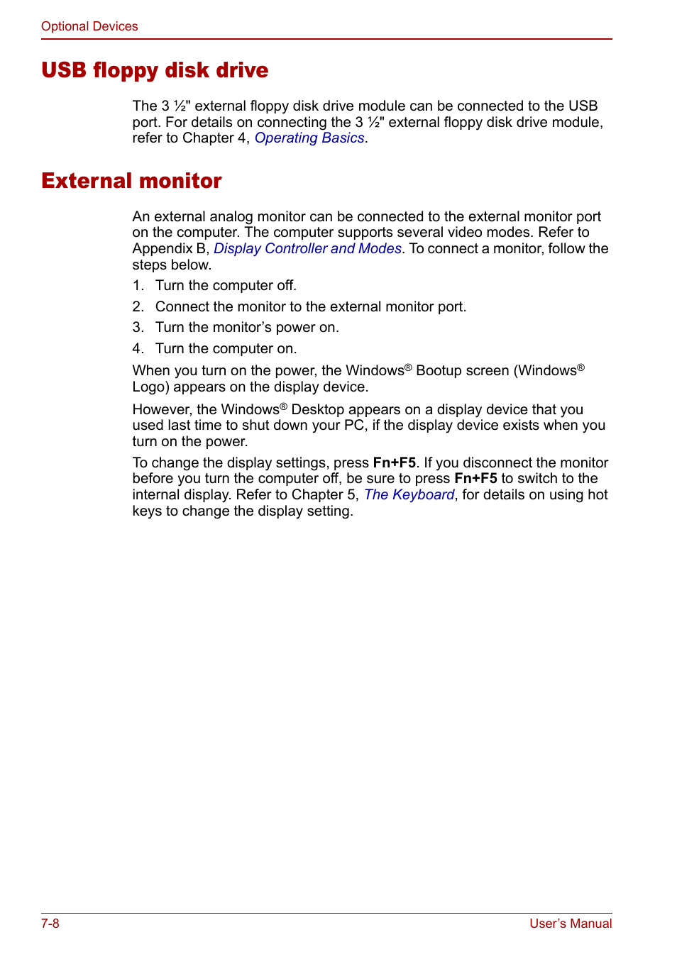 Usb floppy disk drive, External monitor, Usb floppy disk drive -8 external monitor -8 | Toshiba Equium L20 User Manual | Page 124 / 178