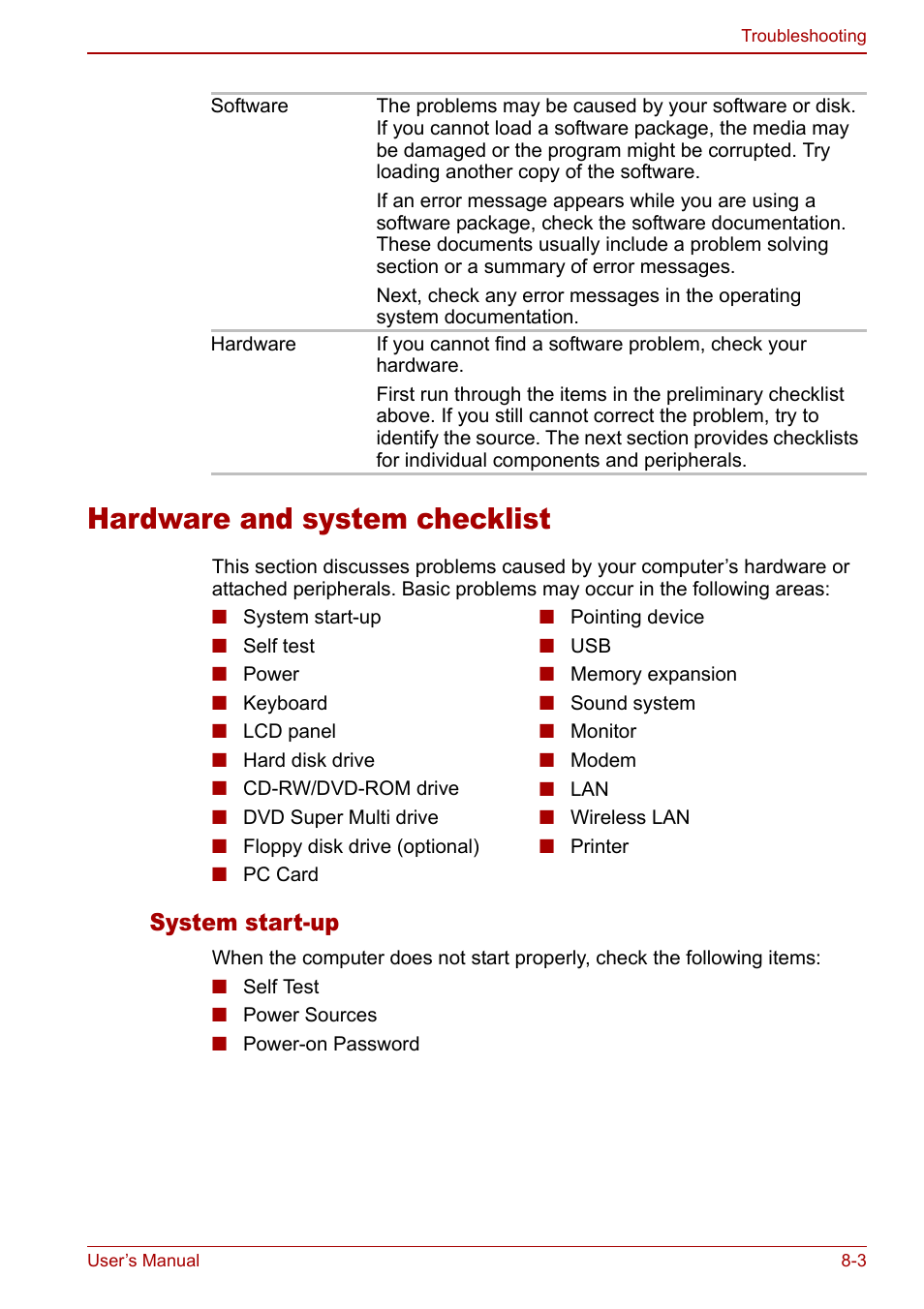 Hardware and system checklist, Hardware and system checklist -3, System start-up | Toshiba Equium L20 User Manual | Page 129 / 178