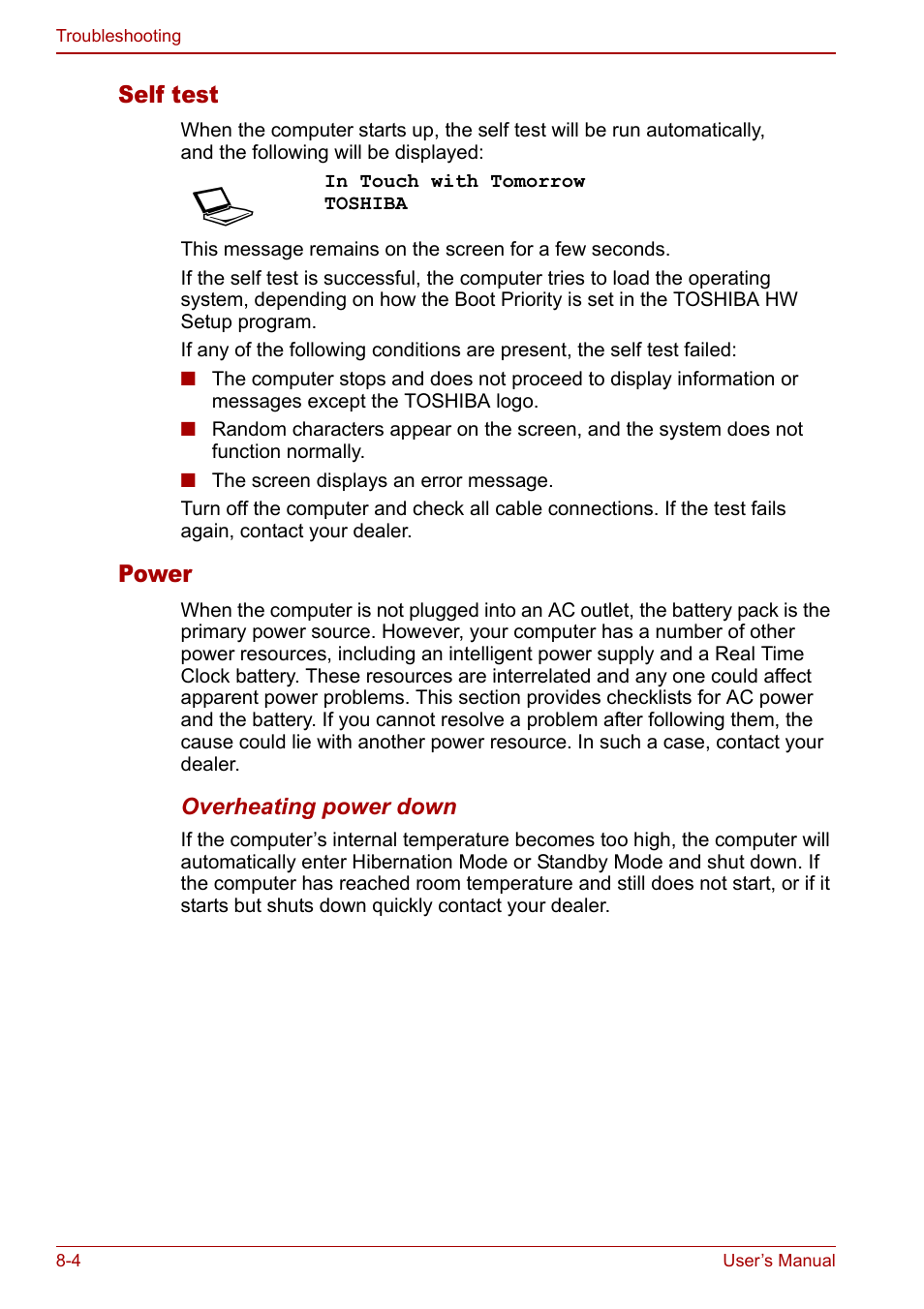 Self test, Power | Toshiba Equium L20 User Manual | Page 130 / 178