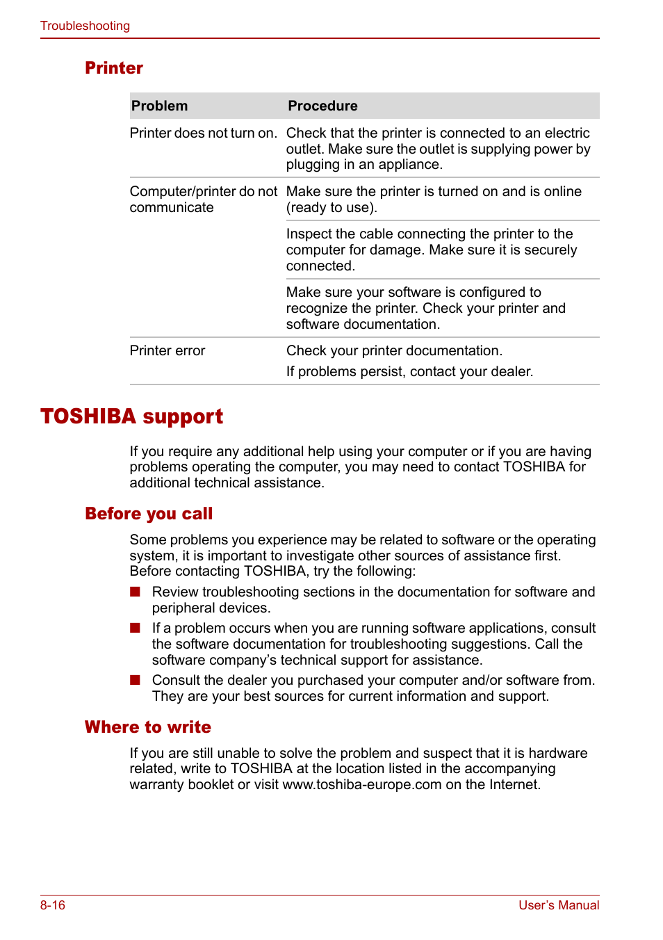 Toshiba support, Toshiba support -16, Printer | Before you call, Where to write | Toshiba Equium L20 User Manual | Page 142 / 178