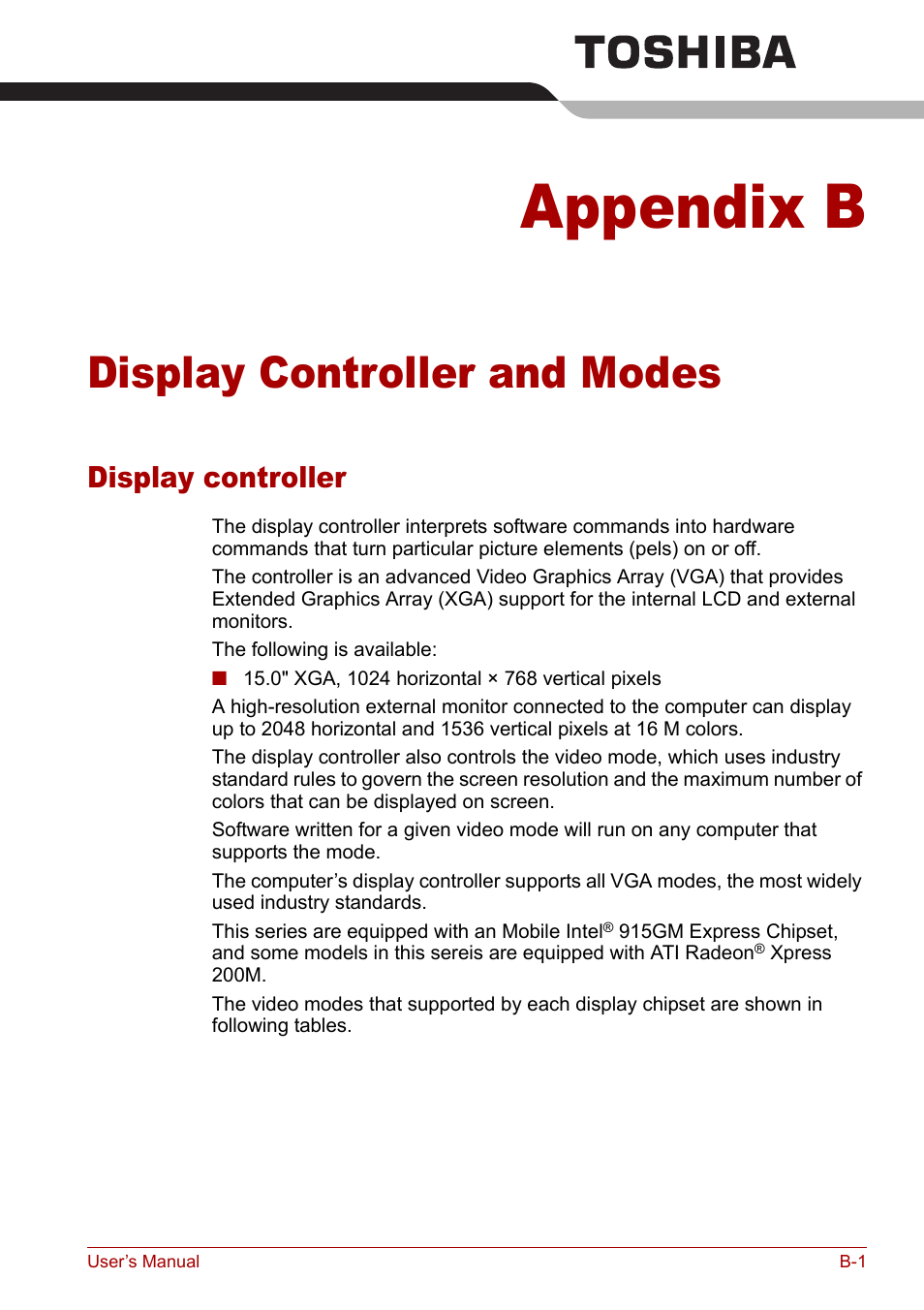 Appendix b - display controller and modes, Appendix b, Display controller and modes | Display controller and, Modes, Display controller, And modes, Ndix b | Toshiba Equium L20 User Manual | Page 145 / 178