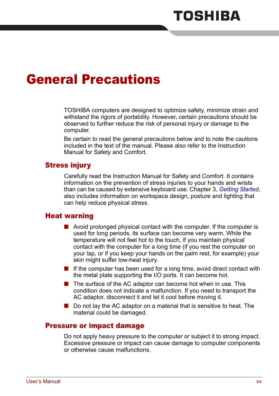 General precautions | Toshiba Equium L20 User Manual | Page 15 / 178