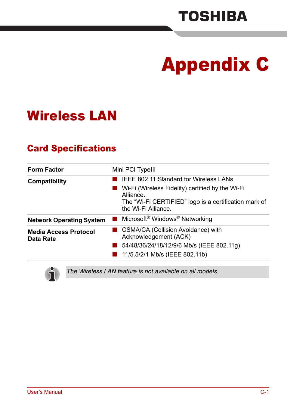 Appendix c - wireless lan, Appendix c, Wireless lan | Card specifications | Toshiba Equium L20 User Manual | Page 155 / 178